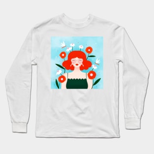 Happy girl with flowers and dragonflies, version 1 Long Sleeve T-Shirt